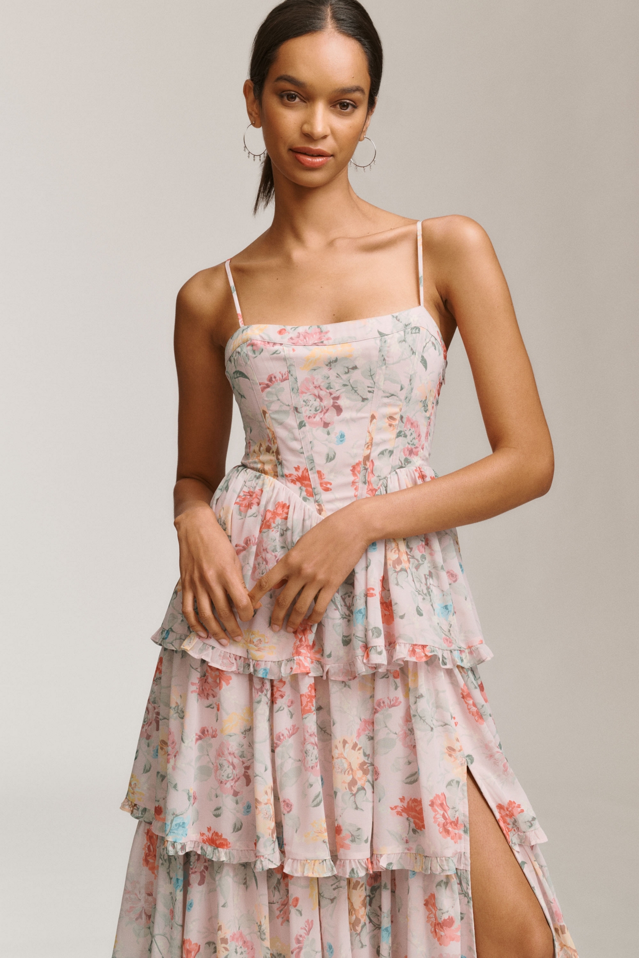 BHLDN Sleeveless Corset Floral Tiered Ruffled Maxi Dress