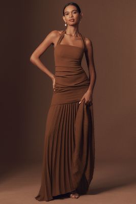 Delfi Collective Delilah Halter Pleated Drop-waist Maxi Dress