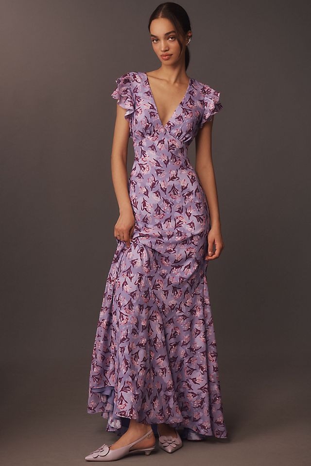bhldn asha flutter sleeve v neck chiffon maxi dress Duntery Sleeves Long Dresses, Peach The flutter sleeve design is unique BHLDN Eva Flutter-Sleeve Plunge V-Neck