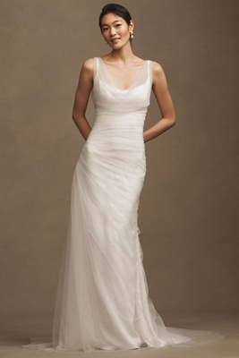 Sébastien Luke Ines Asymmetric Ruched Tulle Overlay Crepe Fit & Flare Wedding Gown