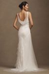 Sébastien Luke Ines Asymmetric Ruched Tulle Overlay Crepe Fit & Flare Wedding Gown