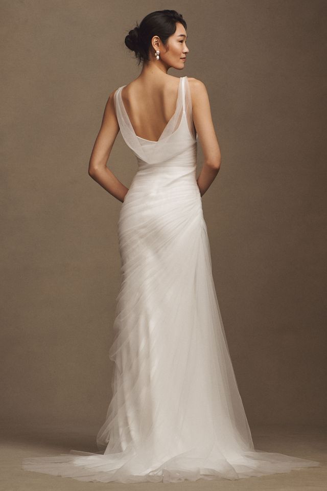 Sébastien Luke Ines Asymmetric Ruched Tulle Overlay Crepe Fit & Flare Wedding Gown #5