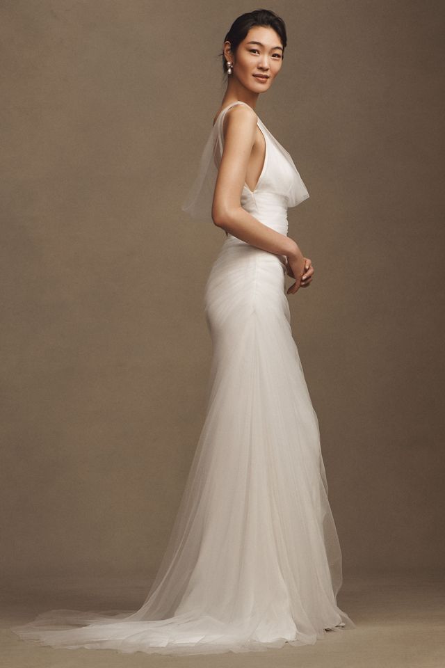 Sébastien Luke Ines Asymmetric Ruched Tulle Overlay Crepe Fit & Flare Wedding Gown #7