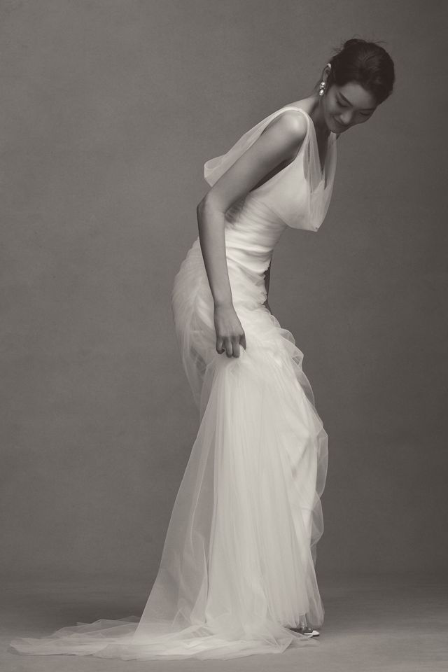 Sébastien Luke Ines Asymmetric Ruched Tulle Overlay Crepe Fit & Flare Wedding Gown #8