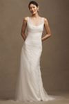 Sébastien Luke Ines Asymmetric Ruched Tulle Overlay Crepe Fit & Flare Wedding Gown