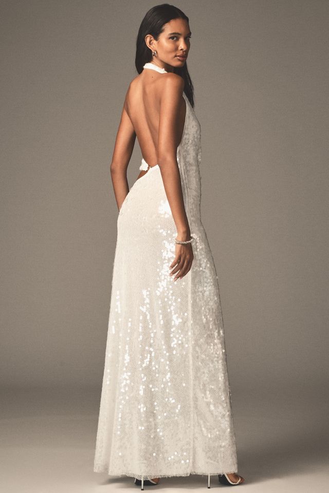MISHA Devon Asymmetric Plunge Cutout Sequin Maxi Dress #1
