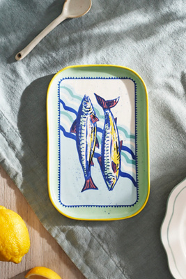 Sardines Stoneware Serving Platter, Small Blue