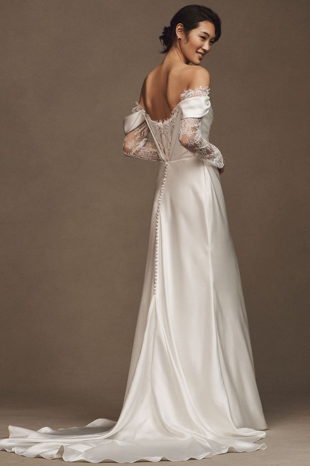 Watters Harlow Off-The-Shoulder Satin & Lace Wedding Gown #1