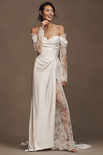 boho wedding dress with sleeves Short Sleeve Dresses Ivory Lace Chiffon Rustic Wedding Gown,MW316 Try It On at Home Not sure if its the one Watters Harlow Off-The-Shoulder Satin &