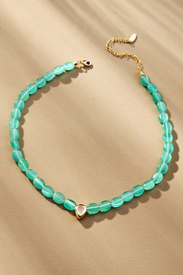 By Anthropologie Single Crystal Beaded Stone Necklace In Green