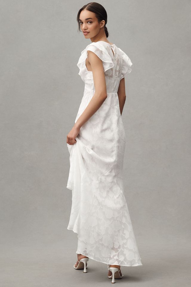 BHLDN Flutter-Sleeve V-Neck Floral Chiffon A-Line Maxi Dress