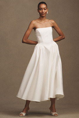 Bhldn Strapless Basque-waist Lace-up Fit & Flare Midi Dress In White