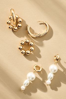 Mixed Metal Pearl Huggie Hoop Earrings, Set of 2