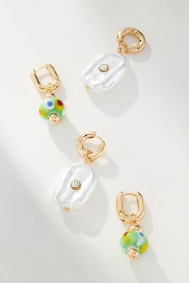 Pearl & Glass Charm Huggie Hoop Earrings, Set of 2
