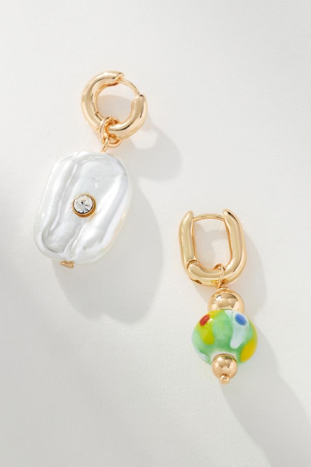 Pearl & Glass Charm Huggie Hoop Earrings, Set of 2 #1