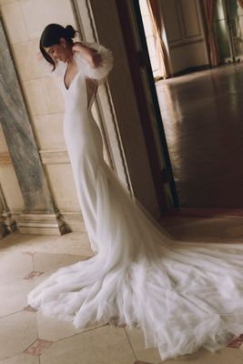 Sébastien Luke Mila Crepe V-Neck Pearl A-Line Wedding Gown