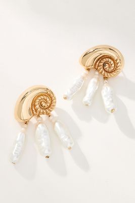 Metallic Shell Pearl Drop Earrings