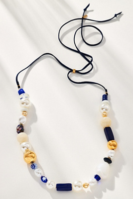 By Anthropologie Pearl Beaded Tie Necklace In Blue