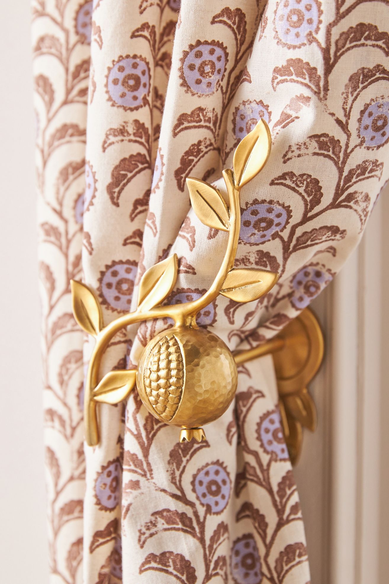 Pomegranate Solid Brass Fruit Tieback - Brushed Brass, Standard, Left