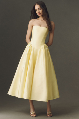 Strapless Basque-Waist A-Line Midi Dress