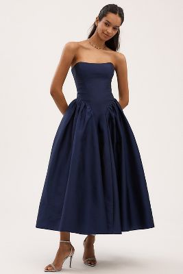 BHLDN STRAPLESS BASQUE-WAIST A-LINE MIDI DRESS 