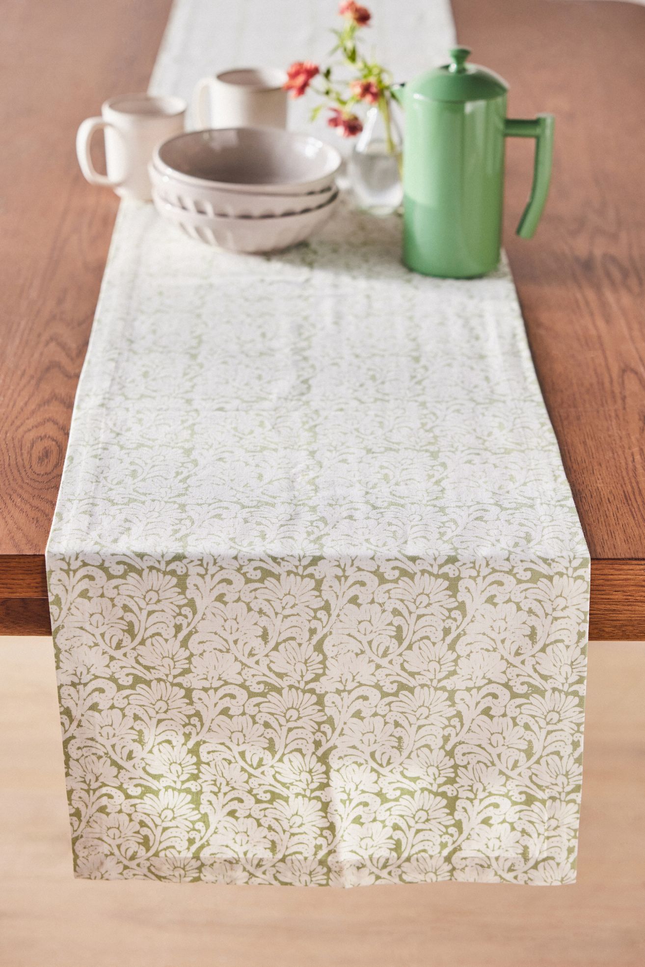 Demeter Embroidered Cotton Runner - Matcha, Standard, One Size