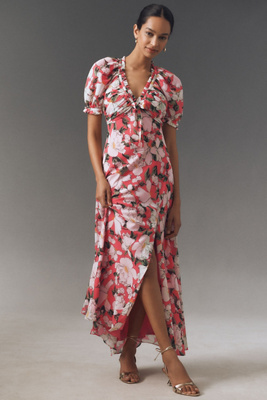 BHLDN PUFF-SLEEVE BOW-FRONT V-NECK MAXI DRESS 
