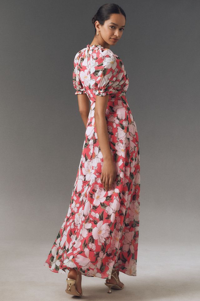 BHLDN Puff-Sleeve Bow-Front V-Neck Maxi Dress | Anthropologie