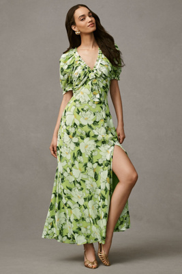 BHLDN PUFF-SLEEVE BOW-FRONT V-NECK MAXI DRESS 