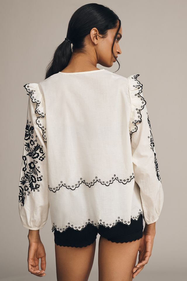 Elizabeth Gillett Long-Sleeve Tie-Front Embroidered Blouse #3