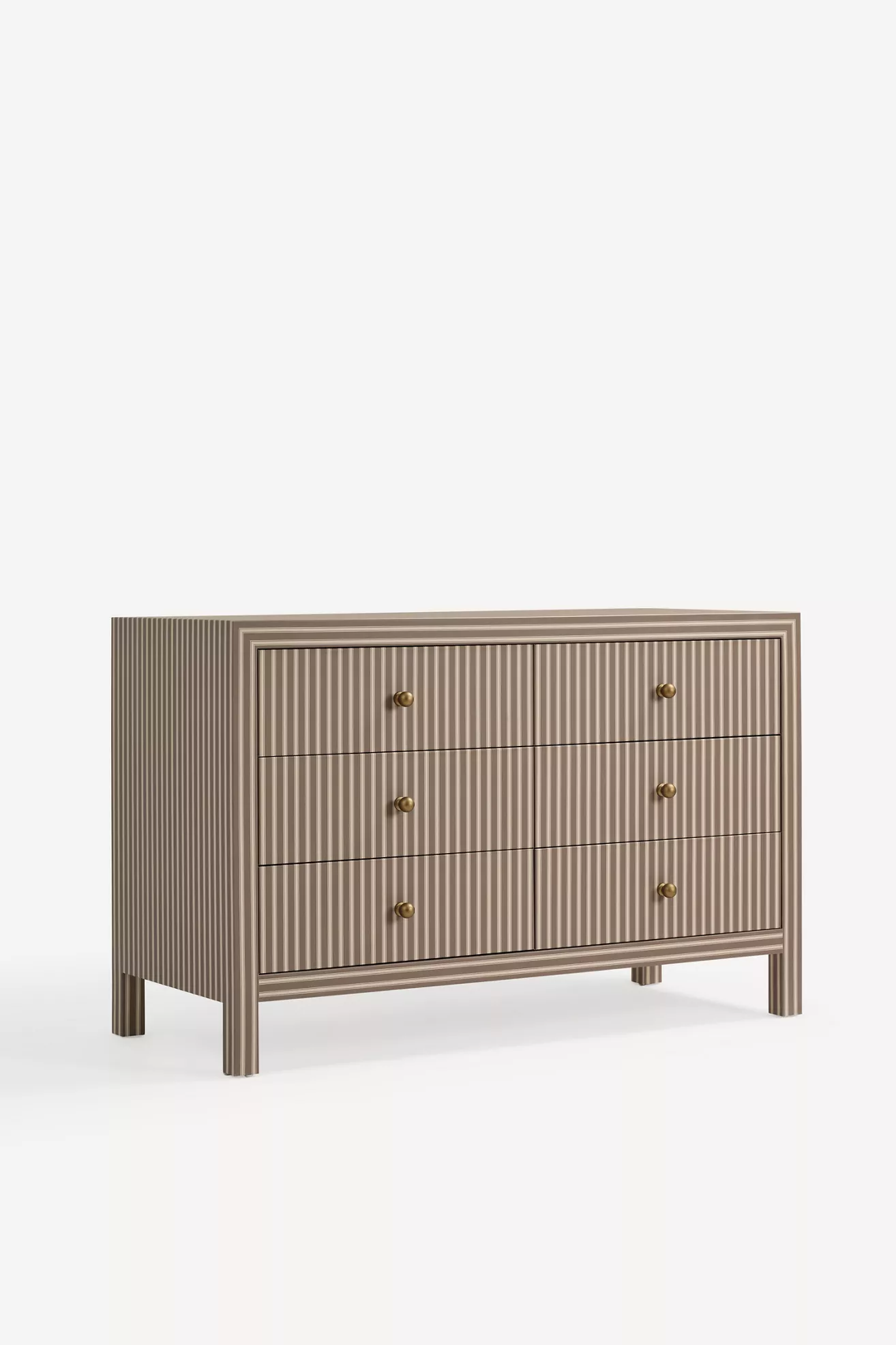 Side perspective Hale canvas six-drawer dresser with vertical stripes and brass knobs
