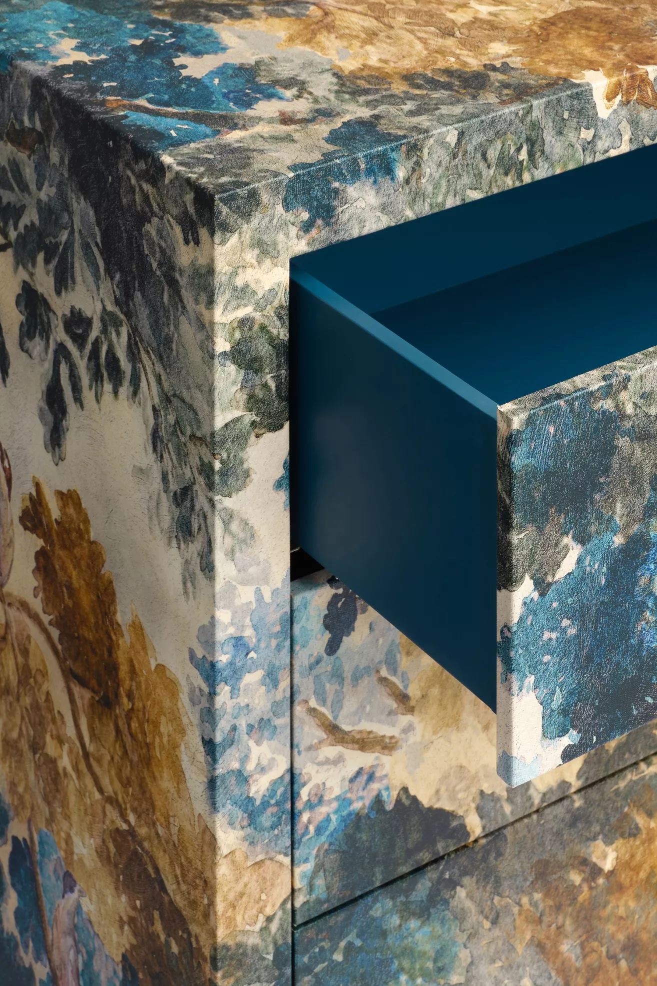 Drawers partially open, blue interior