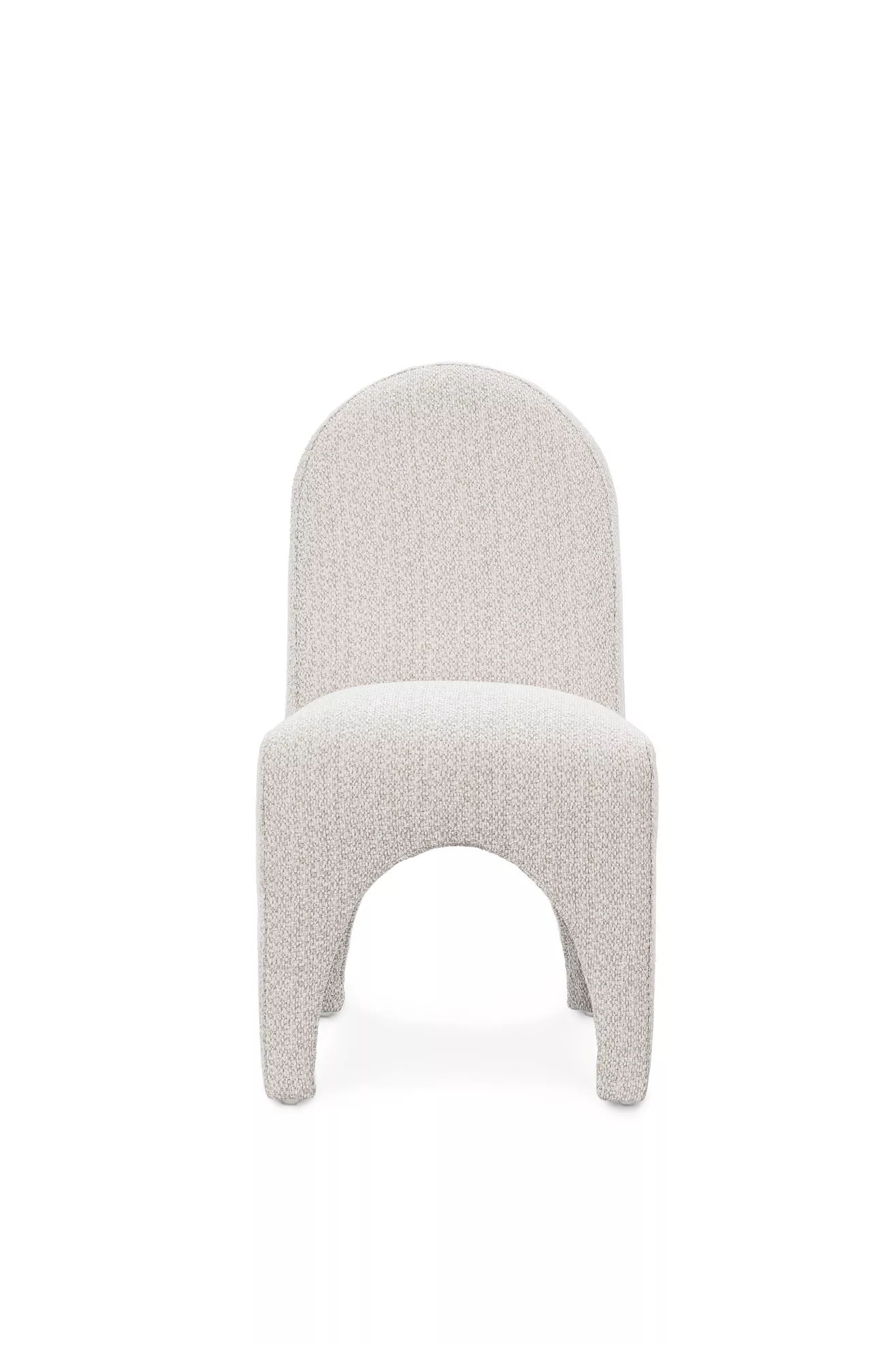 Front view of upholstered dining chair in light beige speckled fabric