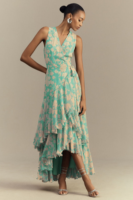 HUTCH TRINITY RUFFLED CHIFFON WRAP MAXI DRESS 