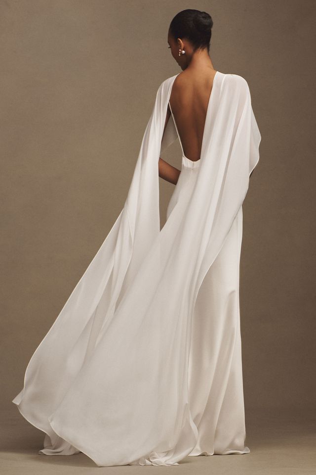 Jenny by Jenny Yoo Cilla Satin V-Neck Cape Column Wedding Gown #4
