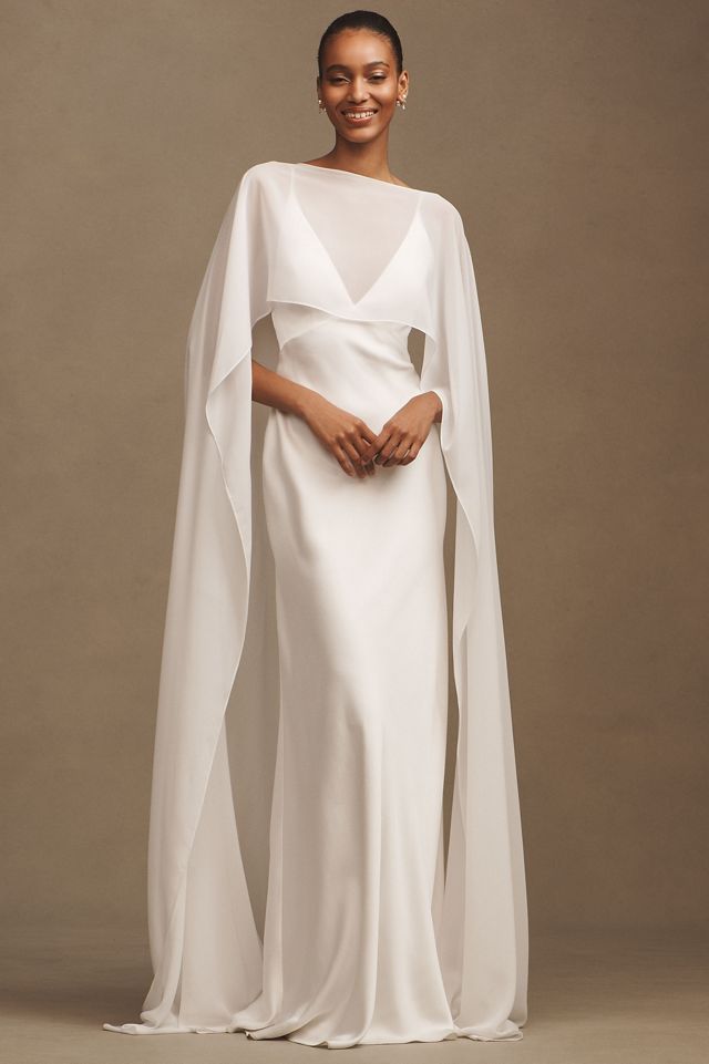 Jenny by Jenny Yoo Cilla Satin V-Neck Cape Column Wedding Gown #3