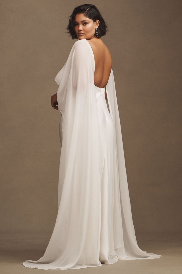 Jenny by Jenny Yoo Cilla Satin V-Neck Cape Column Wedding Gown #8