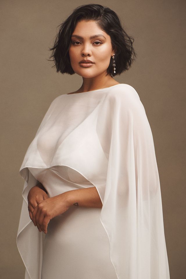 Jenny by Jenny Yoo Cilla Satin V-Neck Cape Column Wedding Gown #9