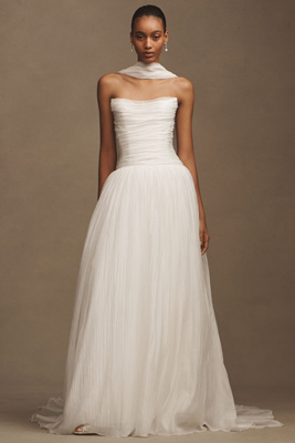 Jenny by Jenny Yoo Penelope Chiffon Strapless Drop-Waist Shirred Wedding Gown