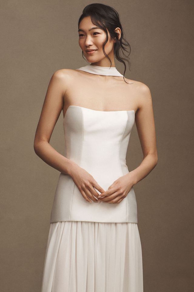Jenny Yoo Stormy Strapless Drop-Waist Chiffon Skirt Wedding Gown with Scarf #4