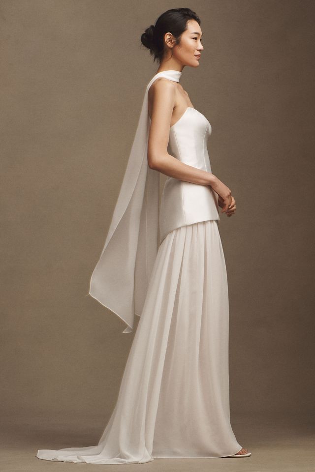 Jenny Yoo Stormy Strapless Drop-Waist Chiffon Skirt Wedding Gown with Scarf #5