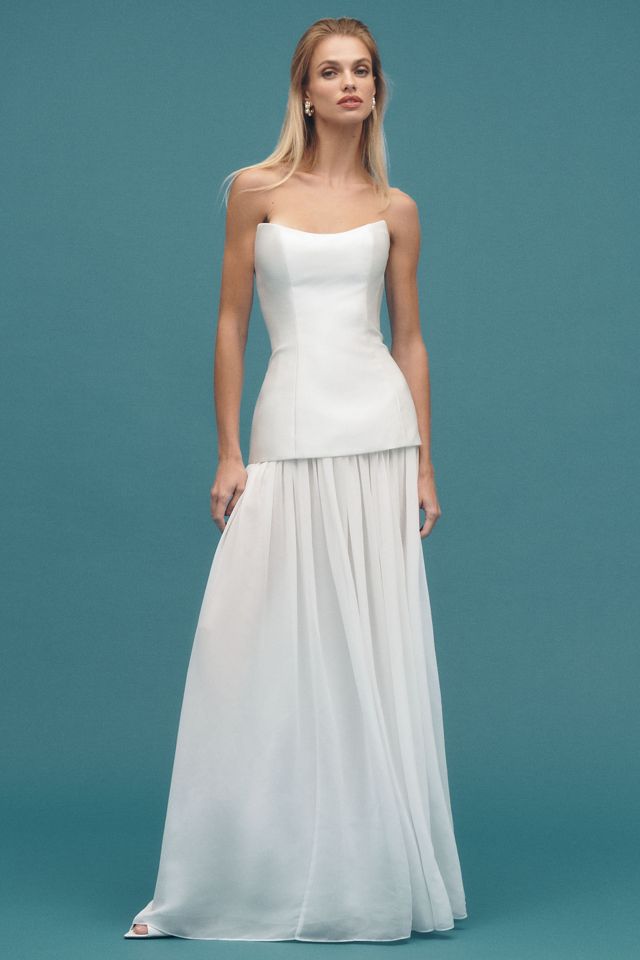 Jenny Yoo Stormy Strapless Drop-Waist Chiffon Skirt Wedding Gown with Scarf #6