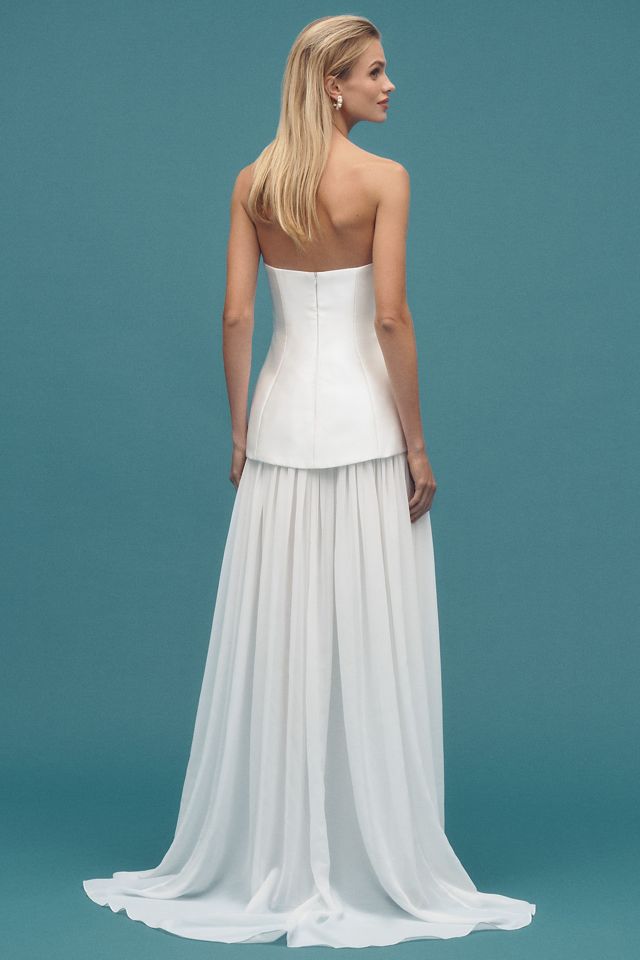 Jenny Yoo Stormy Strapless Drop-Waist Chiffon Skirt Wedding Gown with Scarf #7