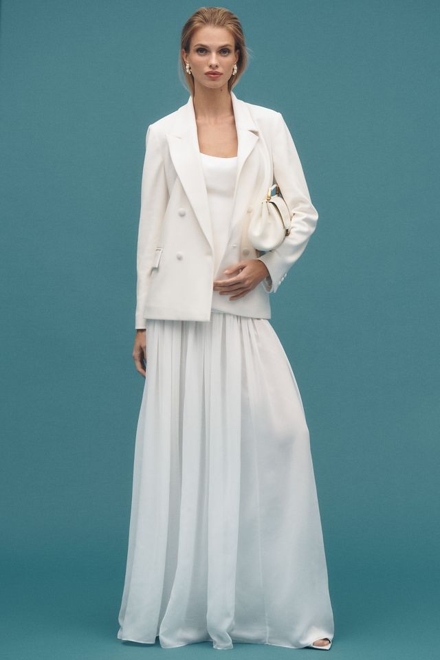 Jenny Yoo Stormy Strapless Drop-Waist Chiffon Skirt Wedding Gown with Scarf #9