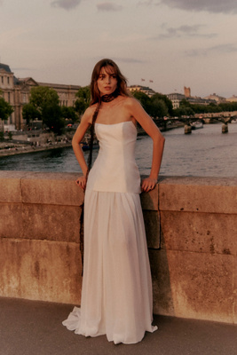 Stormy Strapless Drop-Waist Chiffon Skirt Wedding Gown with Scarf