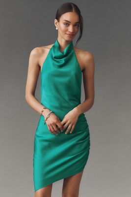 Liv Foster Halter Ruched Satin Mini Dress