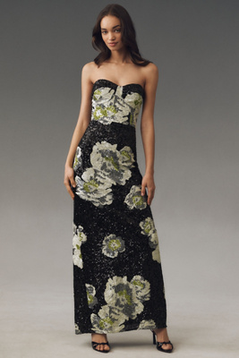 Dress The Population Vada Paillette Strapless Gown In Black