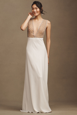 Costarellos Bianna Crystal V-neck Column Wedding Gown