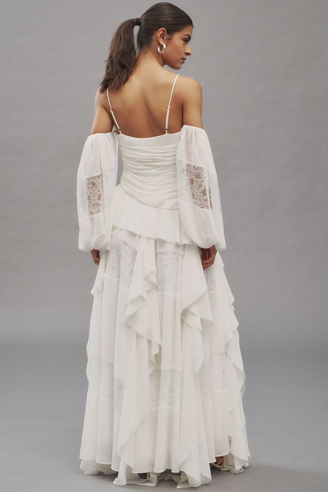 BHLDN Removable Sleeve Lace Chiffon Ruffled Maxi Dress #1