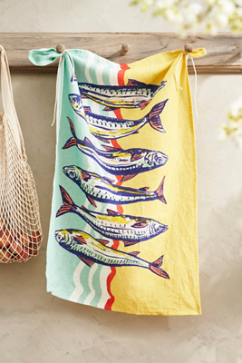 Sardines Linen Dish Towel, Yellow